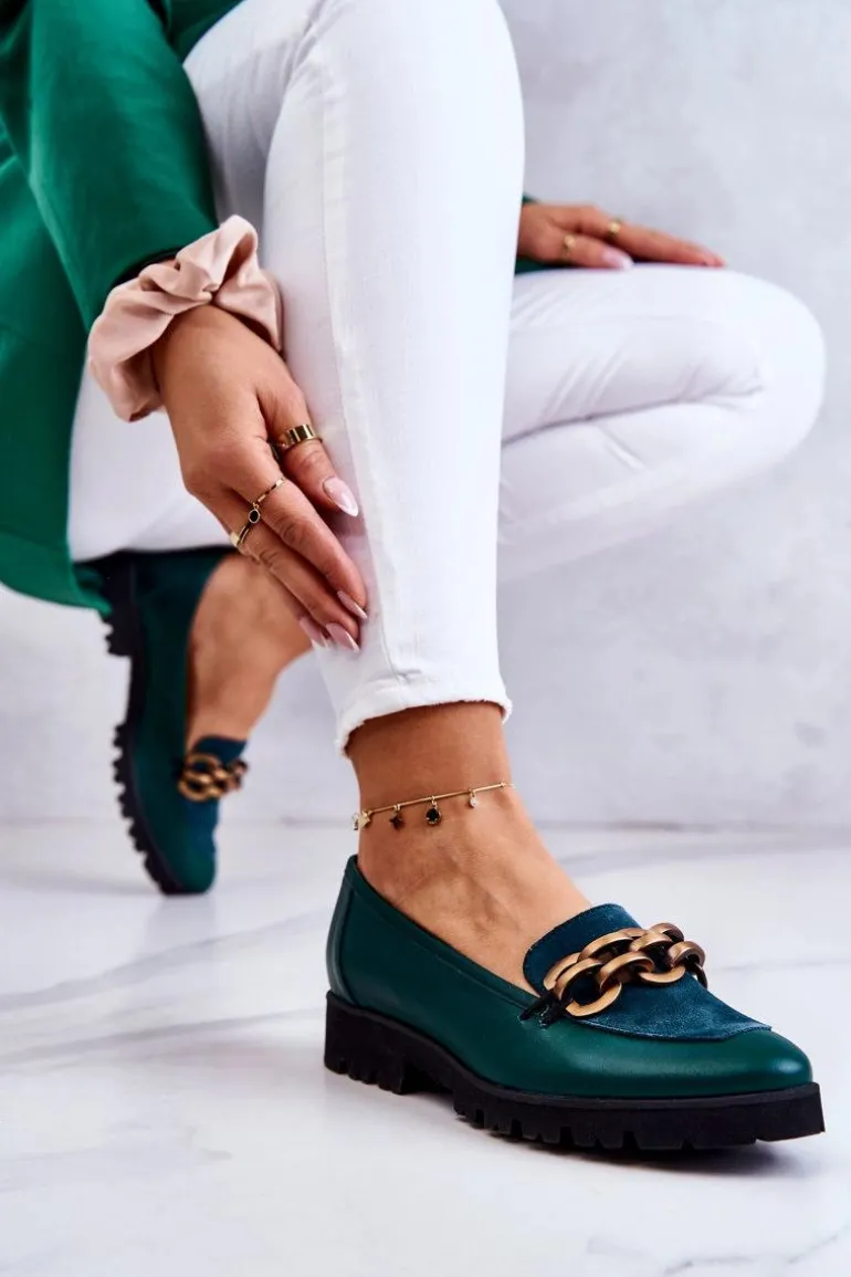 Eleganckie Skórzane Mokasyny Z Łańcuchem Zielone Geneva