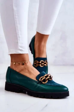 Eleganckie Skórzane Mokasyny Z Łańcuchem Zielone Geneva