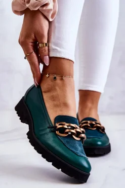 Eleganckie Skórzane Mokasyny Z Łańcuchem Zielone Geneva