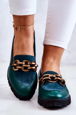Eleganckie Skórzane Mokasyny Z Łańcuchem Zielone Geneva