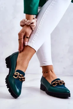 Eleganckie Skórzane Mokasyny Z Łańcuchem Zielone Geneva