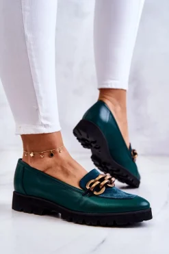 Eleganckie Skórzane Mokasyny Z Łańcuchem Zielone Geneva