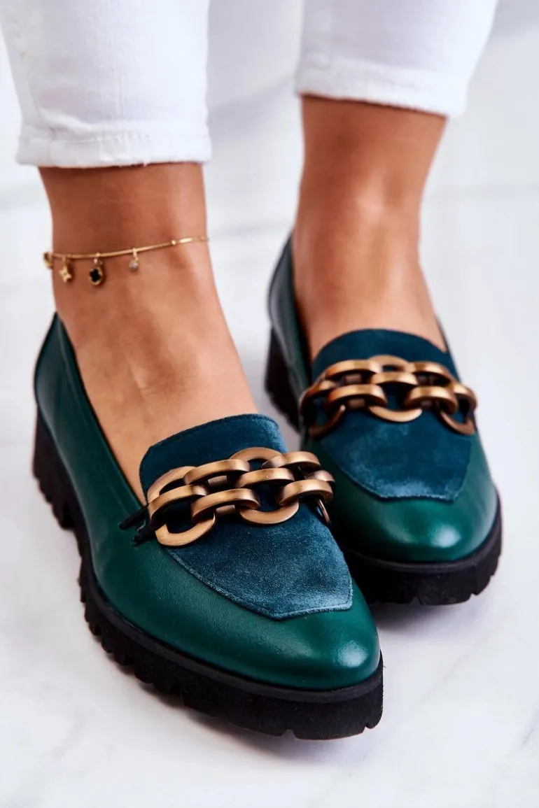 Eleganckie Skórzane Mokasyny Z Łańcuchem Zielone Geneva