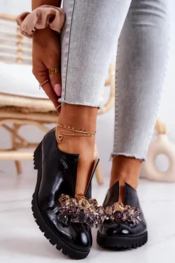 Eleganckie Skórzane Półbuty Z Ozdobą Czarne Cindy