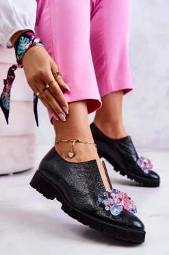 Eleganckie Skórzane Półbuty Z Ozdobą Ciemnozielone Cindy