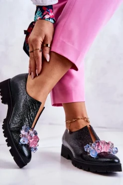 Eleganckie Skórzane Półbuty Z Ozdobą Ciemnozielone Cindy