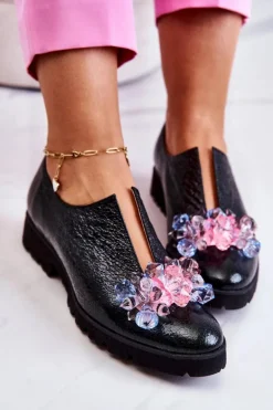 Eleganckie Skórzane Półbuty Z Ozdobą Ciemnozielone Cindy