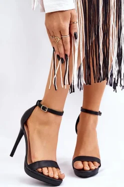 Eleganckie Skórzane Sandałki Na Szpilce Czarne Averie