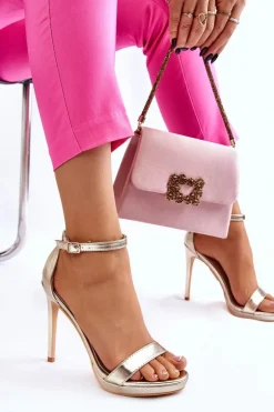 Eleganckie Skórzane Sandałki Na Szpilce Złote Averie