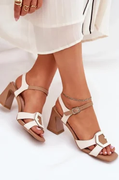 Eleganckie Skórzane Sandały Damskie Na Słupku D&A MR38-570 Beżowe