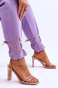 Eleganckie Wiązane Sandały Z Dżetami Nude Nessy