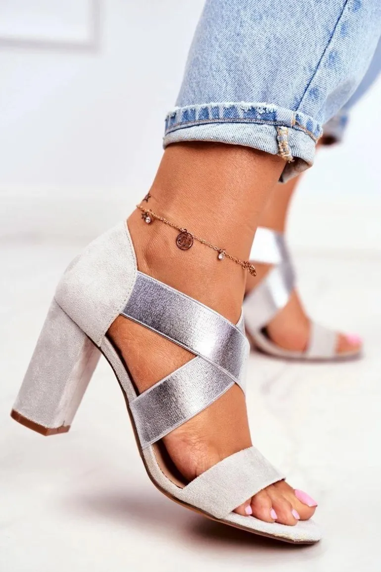 Eleganckie Wsuwane Sandały Na Słupku Szaro-Srebrne Varina