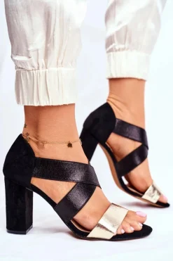 Eleganckie Wsuwane Sandały Na Słupku Czarno-Złote Varina