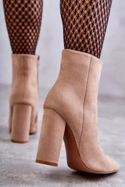 Eleganckie Zamszowe Botki Na Słupku Ciemnobeżowe Ettany