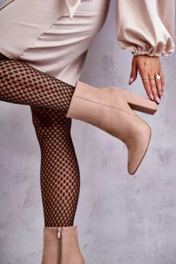 Eleganckie Zamszowe Botki Na Słupku Ciemnobeżowe Ettany