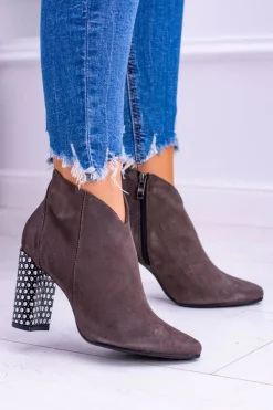 Eleganckie Zamszowe Botki na Słupku Laura Messi Khaki 1849