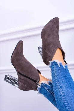 Eleganckie Zamszowe Botki na Słupku Laura Messi Khaki 1849