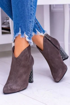 Eleganckie Zamszowe Botki na Słupku Laura Messi Khaki 1849