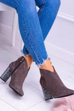 Eleganckie Zamszowe Botki na Słupku Laura Messi Khaki 1849