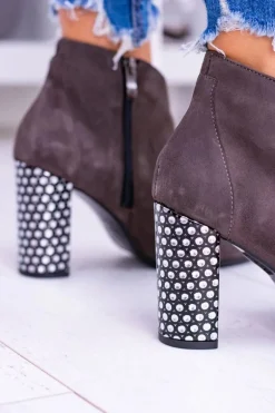 Eleganckie Zamszowe Botki na Słupku Laura Messi Khaki 1849