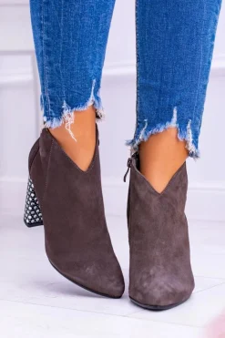 Eleganckie Zamszowe Botki na Słupku Laura Messi Khaki 1849