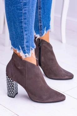 Eleganckie Zamszowe Botki na Słupku Laura Messi Khaki 1849