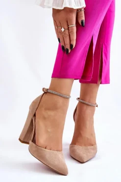 Eleganckie Zamszowe Czółenka Na Słupku Beżowe Kaliya