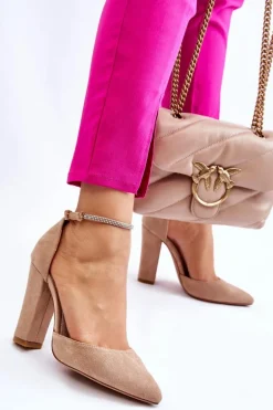 Eleganckie Zamszowe Czółenka Na Słupku Beżowe Kaliya
