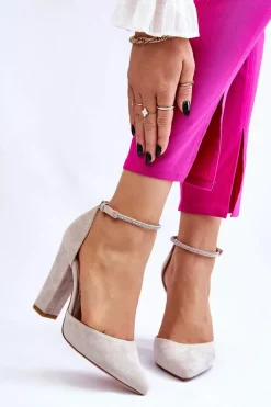 Eleganckie Zamszowe Czółenka Na Słupku Jasnobeżowe Kaliya