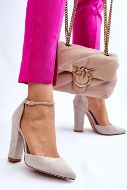 Eleganckie Zamszowe Czółenka Na Słupku Jasnobeżowe Kaliya