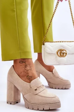 Eleganckie Zamszowe Półbuty Na Obcasie Beżowe Mintore