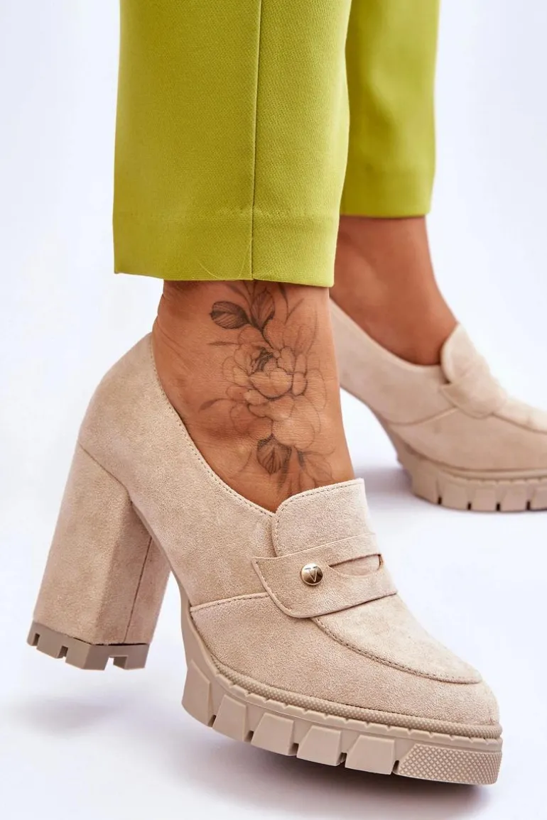 Eleganckie Zamszowe Półbuty Na Obcasie Beżowe Mintore