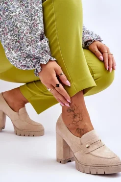 Eleganckie Zamszowe Półbuty Na Obcasie Beżowe Mintore