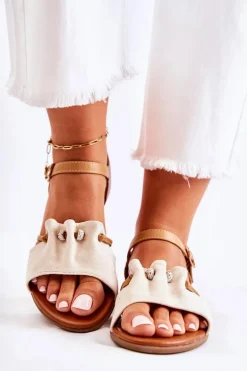 Eleganckie Zamszowe Sandały Z Cekinami Beżowe Vitoria