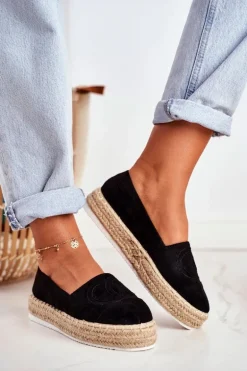 Espadryle Damskie Gruba Podeszwa Lniane Czarne Febi