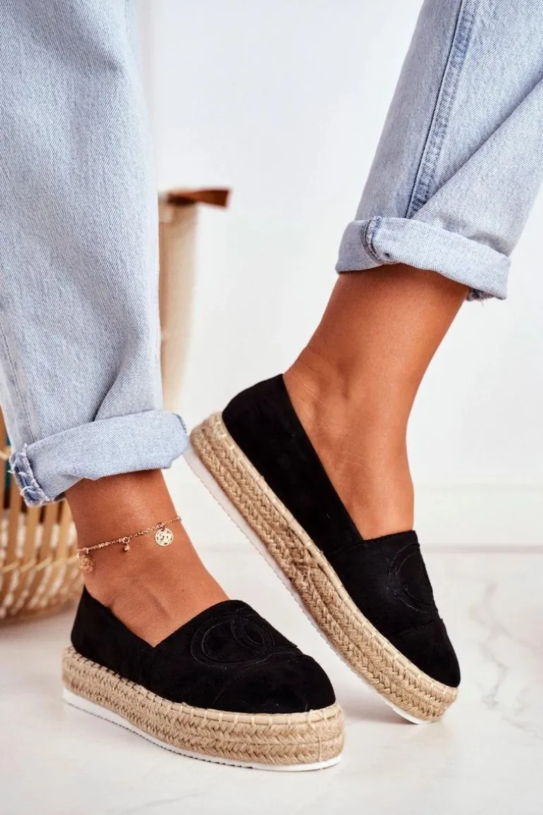 Espadryle Damskie Gruba Podeszwa Lniane Czarne Febi