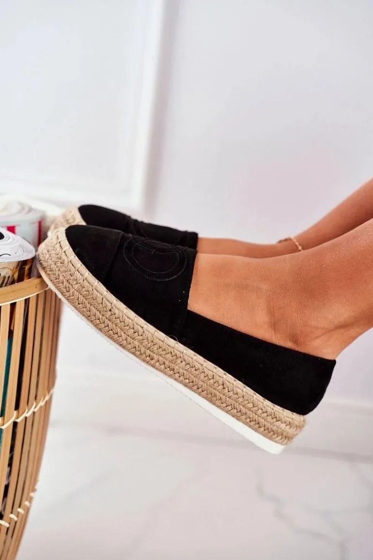 Espadryle Damskie Gruba Podeszwa Lniane Czarne Febi