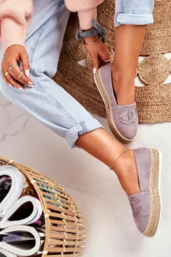 Espadryle Damskie Gruba Podeszwa Lniane Szare Febi