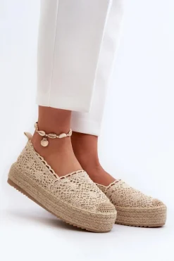 Espadryle Damskie Koronkowe Na Platformie Beżowe Elarose