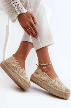 Espadryle Damskie Koronkowe Na Platformie Beżowe Elarose