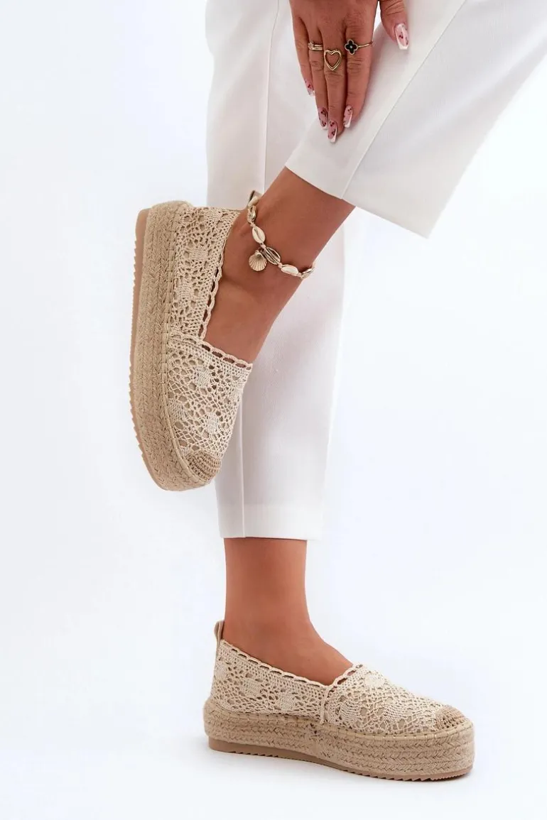Espadryle Damskie Koronkowe Na Platformie Beżowe Elarose