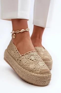 Espadryle Damskie Koronkowe Na Platformie Złote Elarose