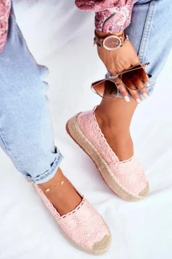 Espadryle Damskie Koronkowe Różowe Platforma Desante