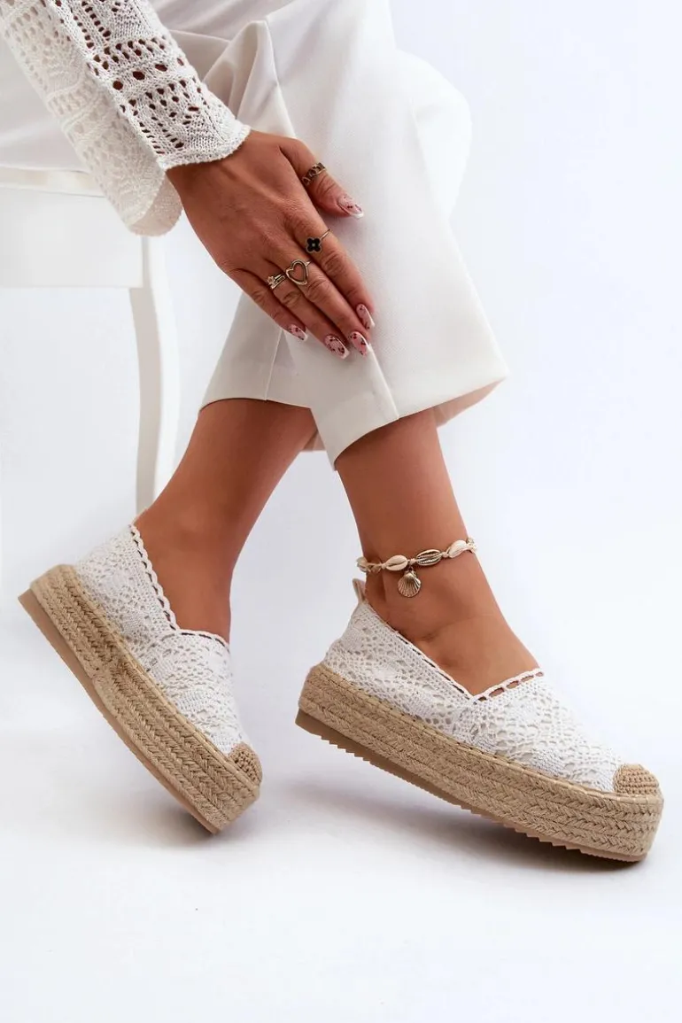 Espadryle Damskie Koronkowe Na Platformie Białe Elarose