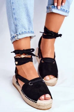 Espadryle Damskie Na Platformie Lniane Czarne Monacoz