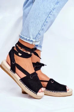 Espadryle Damskie Na Platformie Lniane Czarne Monacoz