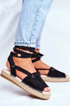 Espadryle Damskie Na Platformie Lniane Czarne Monacoz