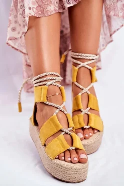 Espadryle Damskie Na Platformie Lniane Żółte India