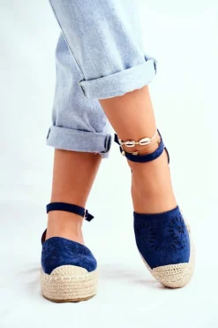 Espadryle Damskie Na Platformie Lniane Granatowe Palermo
