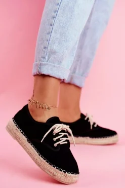 Espadryle Damskie Na Platformie Lniane Czarne Sonya